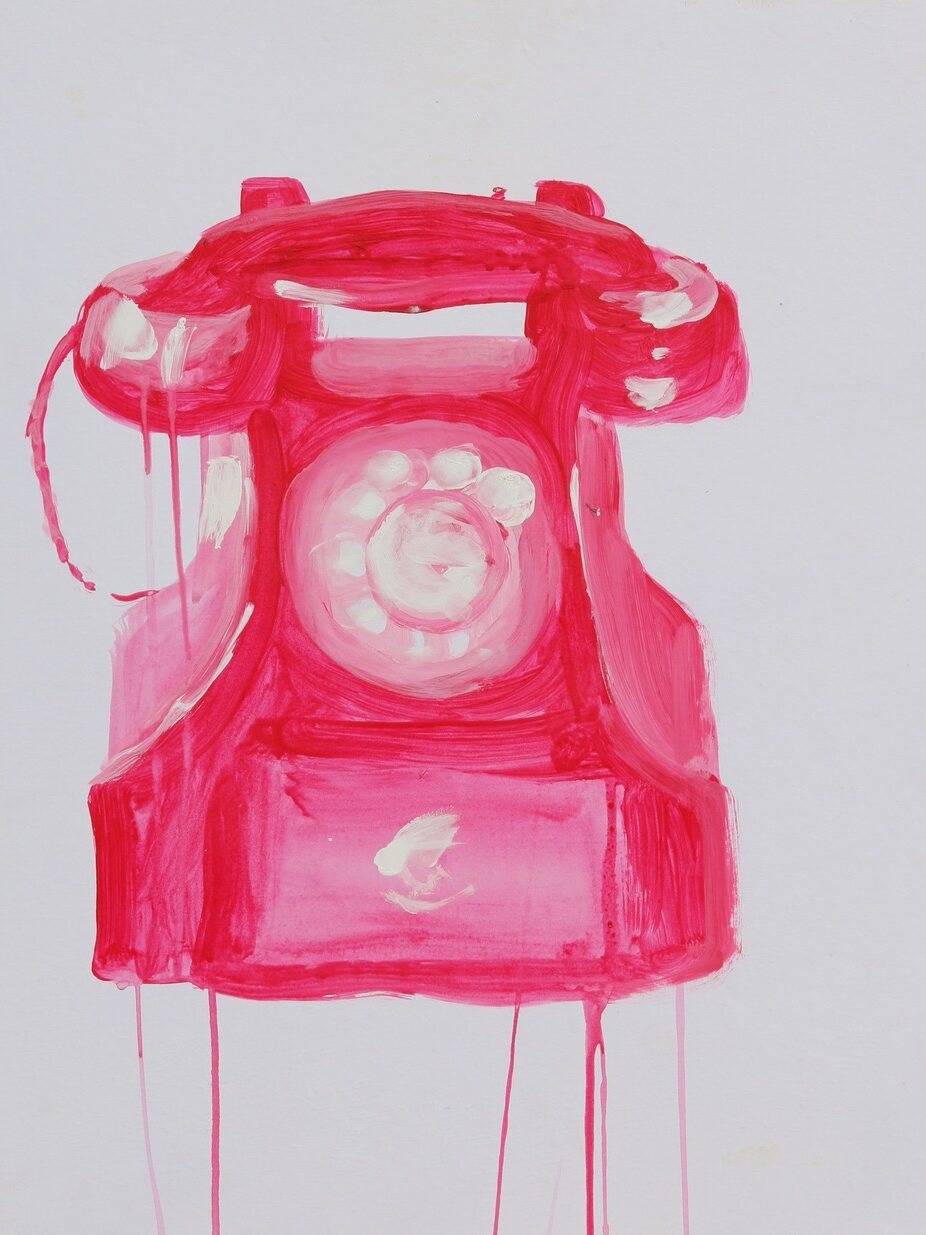 téléphone rose, acrylique sur papier marouflé sur bois. Adrianna MJW