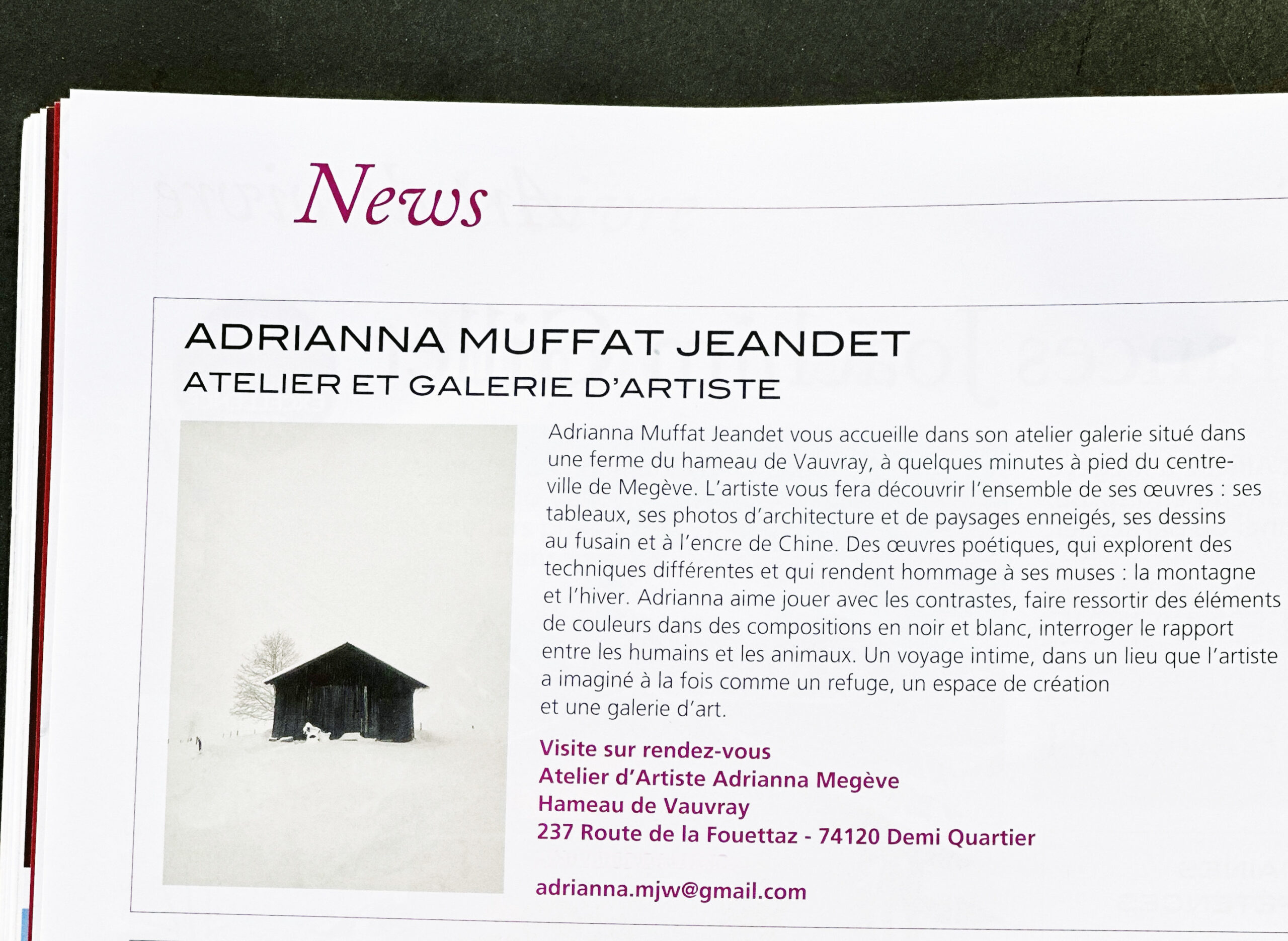 La Tribune de Megève février 2023 article de presse . Adrianna Muffat Jeandet atelier d'artiste